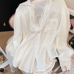 2025简约风高级感白色假两件蕾丝拼接西装长袖宽松衬衫上衣女春季