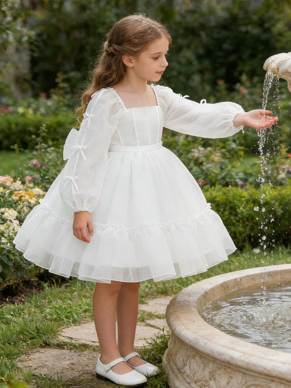 2026 vestido de niñas de mangas largas vestido de princesa flor de boda vestido de arco de cinta vestido de cumpleaños