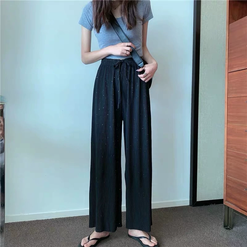Pleated Wide-Leg Trousers, Starry Sky Print, One Size, Elastic Waist Drawstring