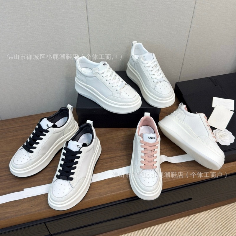 ハイバージョンのXiaoxiangfeng本革白靴カジュアルレースアップカラーマッチングパンダスニーカーマフィン厚底スポーツシューズ女性用|undefined