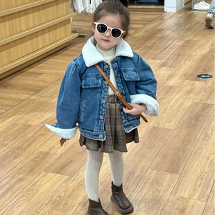 2023 Winter new children's clothing Korean style children's clothing girls' puff sleeve fleece-lined denim shirt lamb wool denim shirt