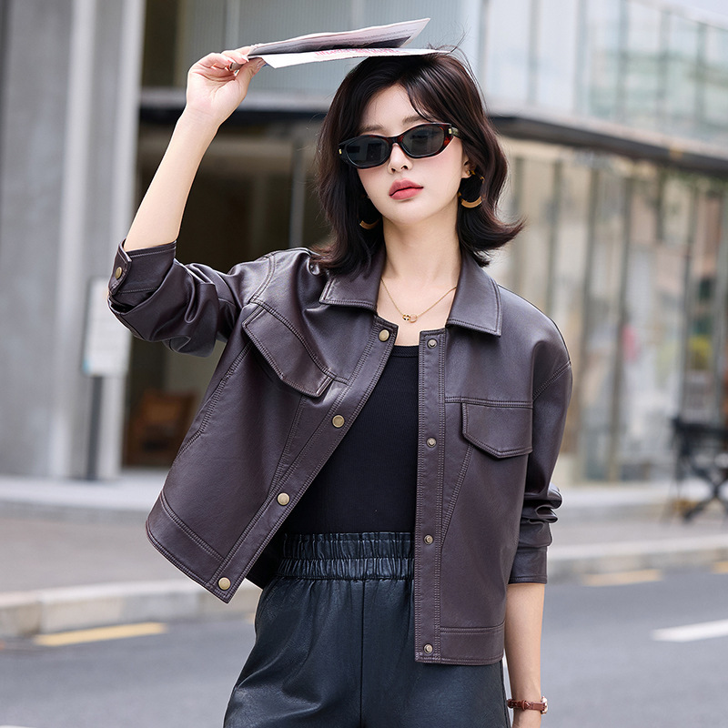 跨境海宁皮衣女式短款韩版时尚复古减龄绵羊皮夹克休闲外套潮批发|undefined