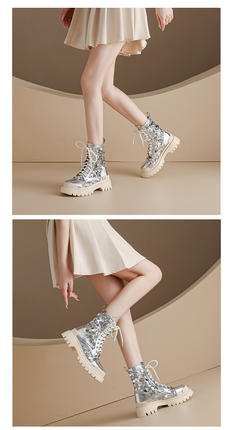 Boot nữ cổ thấp hở mũi dây buộc đế platform cao 5 cm màu bạc sequin — màu đen, bạc chi tiết 8