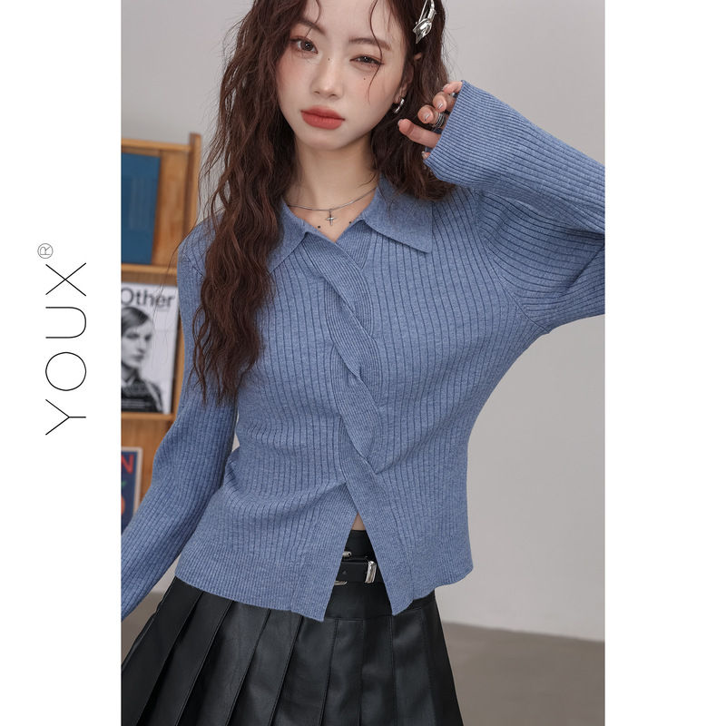 又巷【海蓝编织】针织开衫女2025秋新款复古设计感polo领修身上衣|undefined
