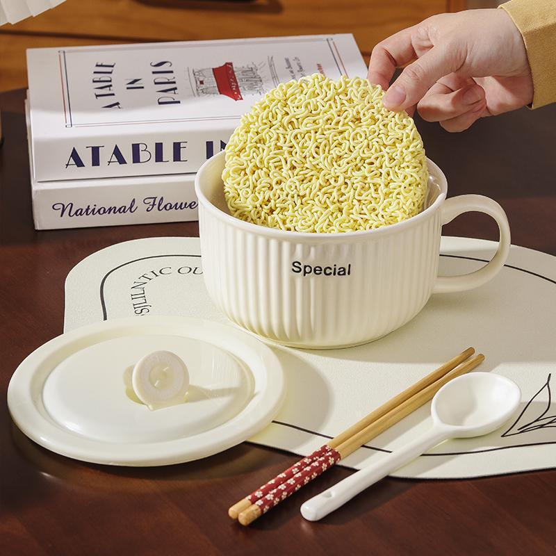 クリーム風セラミックインスタントラーメンボウル家庭用蓋付き鮮度保持丼電子レンジ対応学生ハンドルボウル仕事弁当箱|undefined