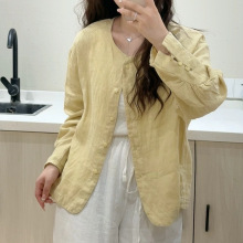 亚麻长袖衬衫女纯色文艺复古风褶皱灯笼袖森系圆领上衣小外套
