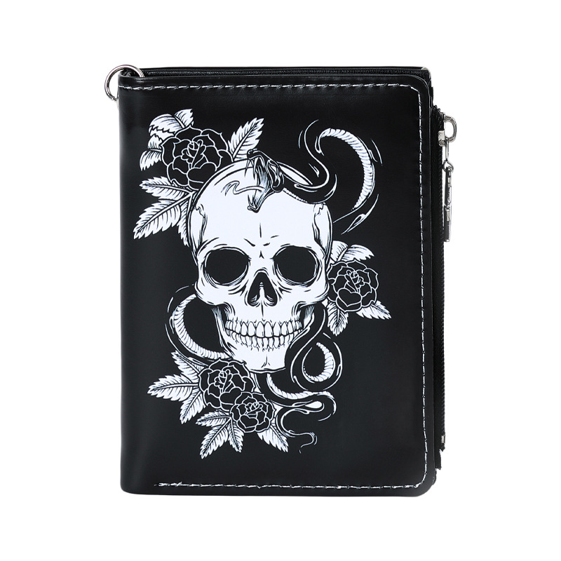 New Dark Gothic Skull Print Wallet, Punk Style Men's Bifold Wallet, Multi-Card Slot Zipper Coin Purse
