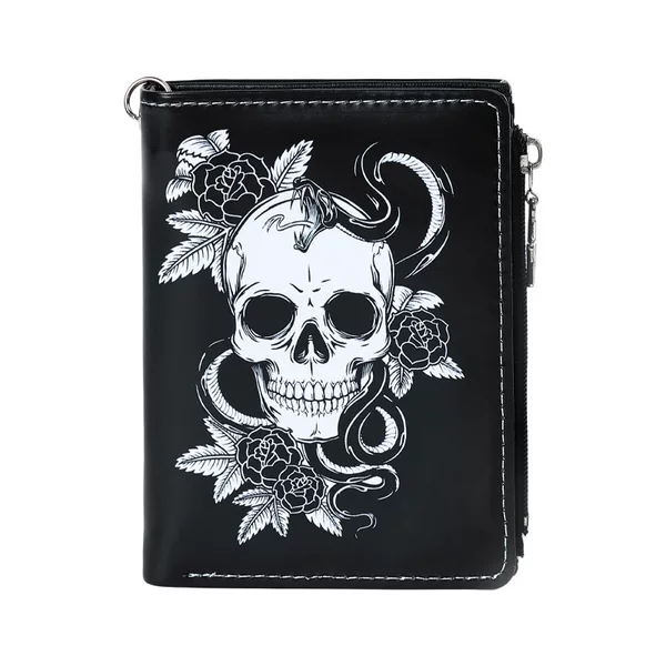 New Dark Gothic Skull Print Wallet, Punk Style Men's Bifold Wallet, Multi-Card Slot Zipper Coin Purse