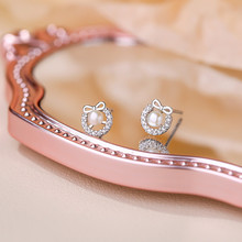 小银家温柔甜美风蝴蝶结花环珍珠耳钉女s925纯银微镶轻奢百搭耳