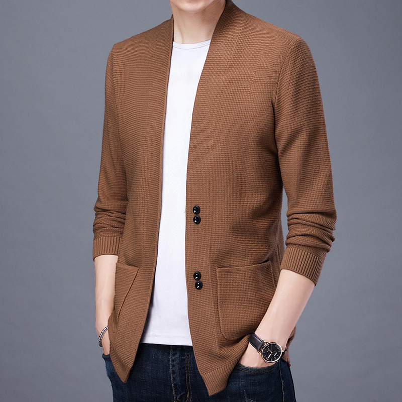 Primavera y otoño nuevos hombres suéter moda color sólido suéter cardigan de manga larga de punto casual chaqueta de los hombres al por mayor