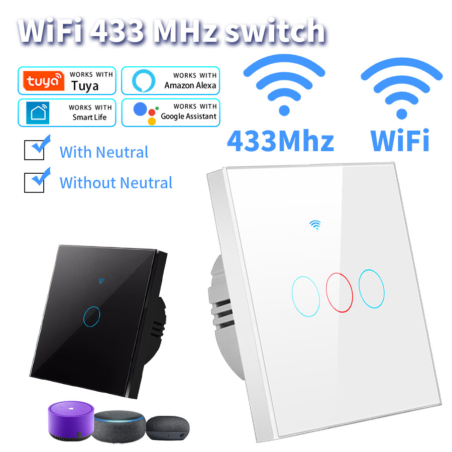 Interruptor Inteligente Tipo 86 de Vidrio Templado WiFi Bluetooth RF433
