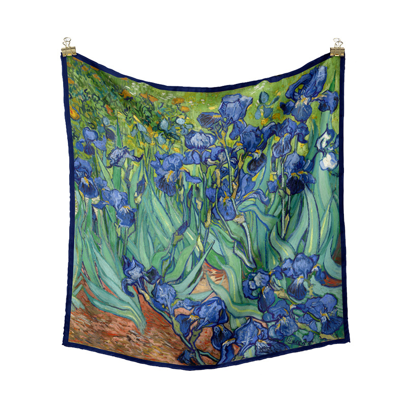 Van Gogh pintura al óleo flor artística pequeña bufanda cuadrada nueva 53cm de seda artificial de las mujeres bufanda decorativa bufanda de doble uso