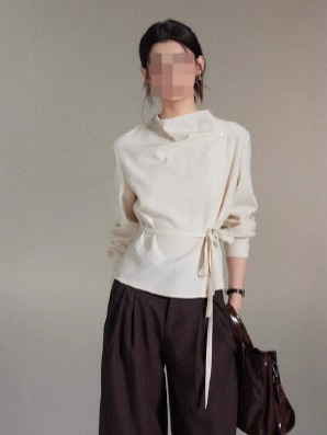 贰羊设计时宜简约不对称荡领斜门襟绑带收腰上衣女高级感衬衫|undefined