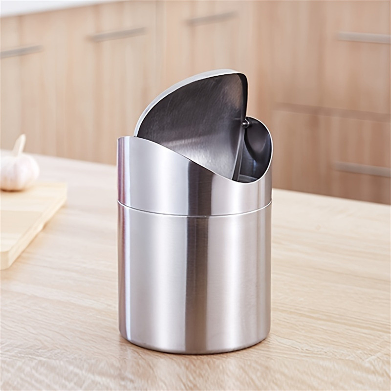 Mini Trash Can Creative Stainless Steel Rocking Lid Mini Trash Can Sanitary Bucket Dressing Table Desktop Trash Bin