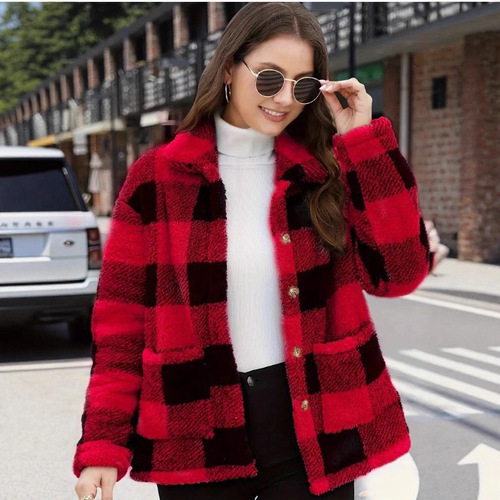 European and American Style Plaid Fleece Jacket with Pockets, Versatile Long-Sleeve Winter Fashion Casual Jacket