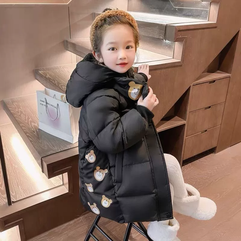 Warm children's long down jacket, increased thickness, mid-length, with little bears