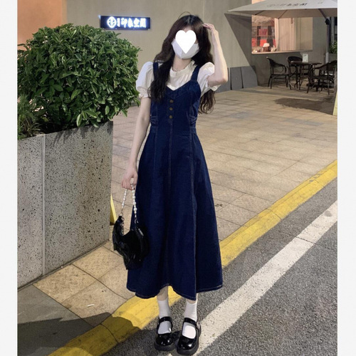 Complete set with age-reducing suit dress, summer denim/cotton suspenders, long dress, small, slightly plump and slimming suspenders,