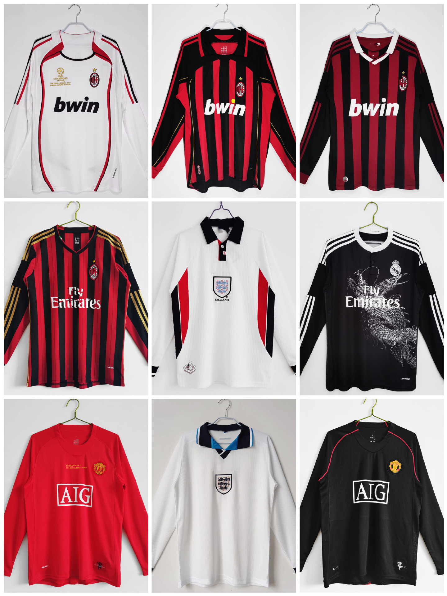 AC Milan Retro Champions League Manga larga No. 22 Camiseta de fútbol inglesa No. 9 Juego de camiseta de Inji