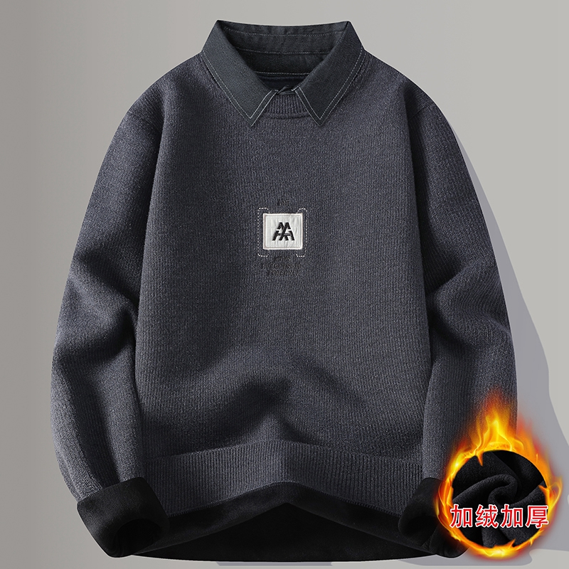 청소년 고급 가짜 투피스 스웨터 겨울 원피스 플리스 셔츠 칼라 바텀 셔츠 남성 심플 니트 스웨터