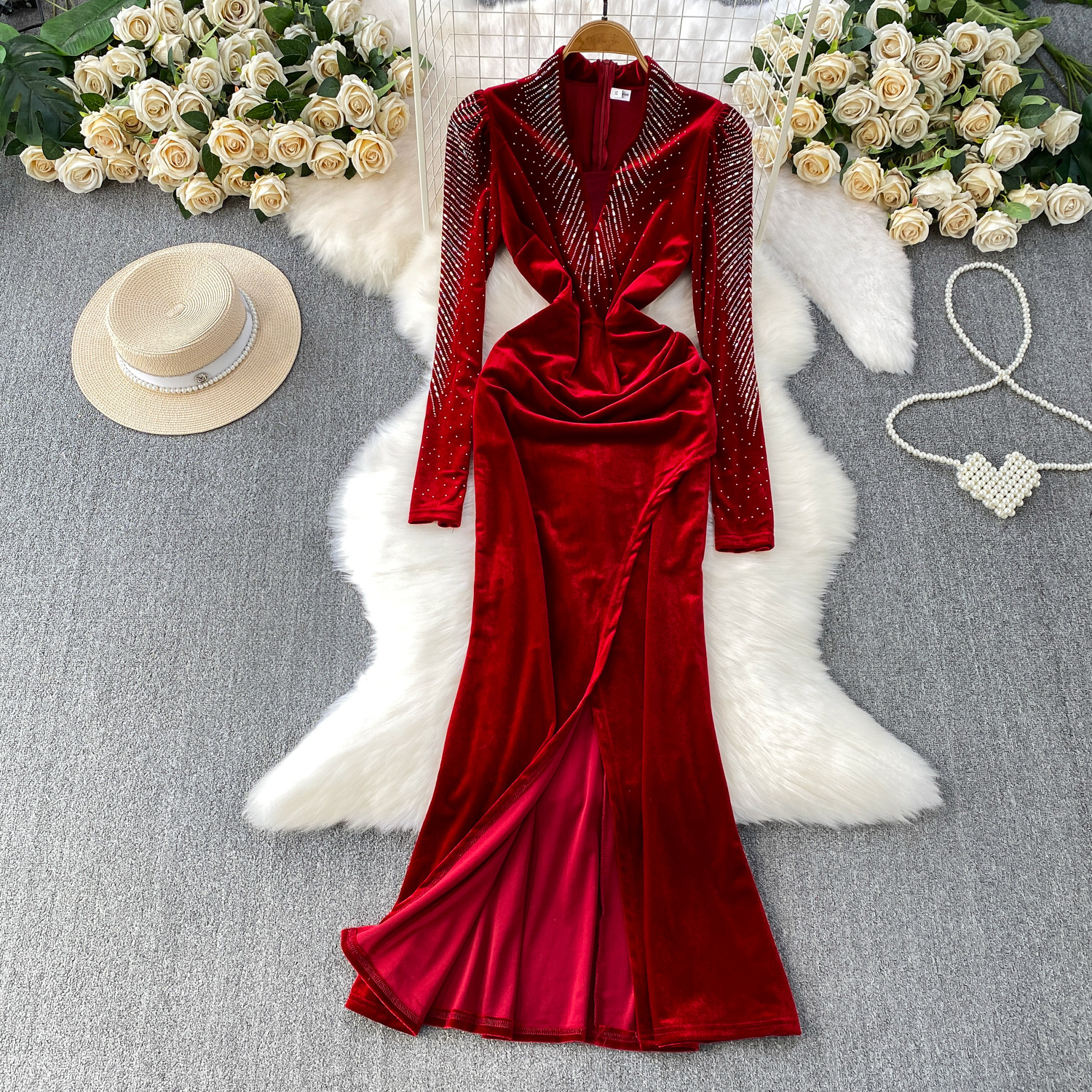 European and American Ins Export Host Elegant Elegant High-End Hot Diamond V Neck Mesh Splicing Velvet Dress Dress