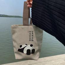 中国风书法手提帆布包可爱熊猫panda手提水桶包遛弯小布袋收纳伦