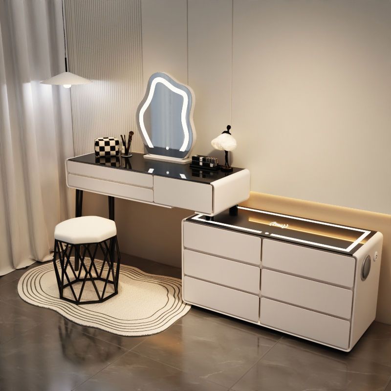 밀크화이트 6단 스마트모델 - 올원목 120테이블 + 캐비닛 + 구름거울 + 새둥지 스툴