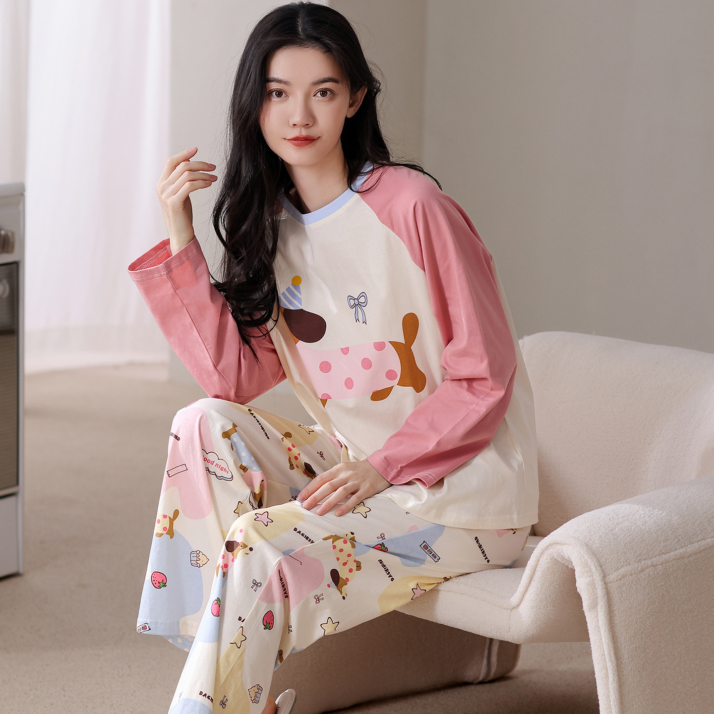 韩版可外穿睡衣女春秋季长袖纯棉两件套装印花秋天学生运动家居服
