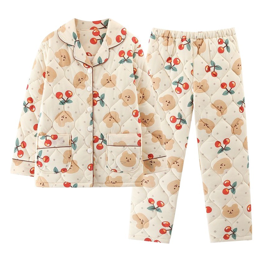 100% algodón engrosado de tres capas de las mujeres acolchadas de otoño e invierno pijamas estilo occidental simple traje de desgaste para el hogar