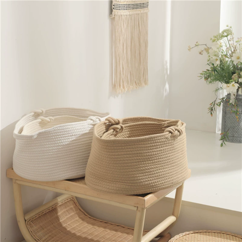 Плетёные хлопковые корзины Handwoven Cotton Rope Storage Baskets - белые/коричневые, наборы маленькие и большие для игрушек, одежды, закусок
