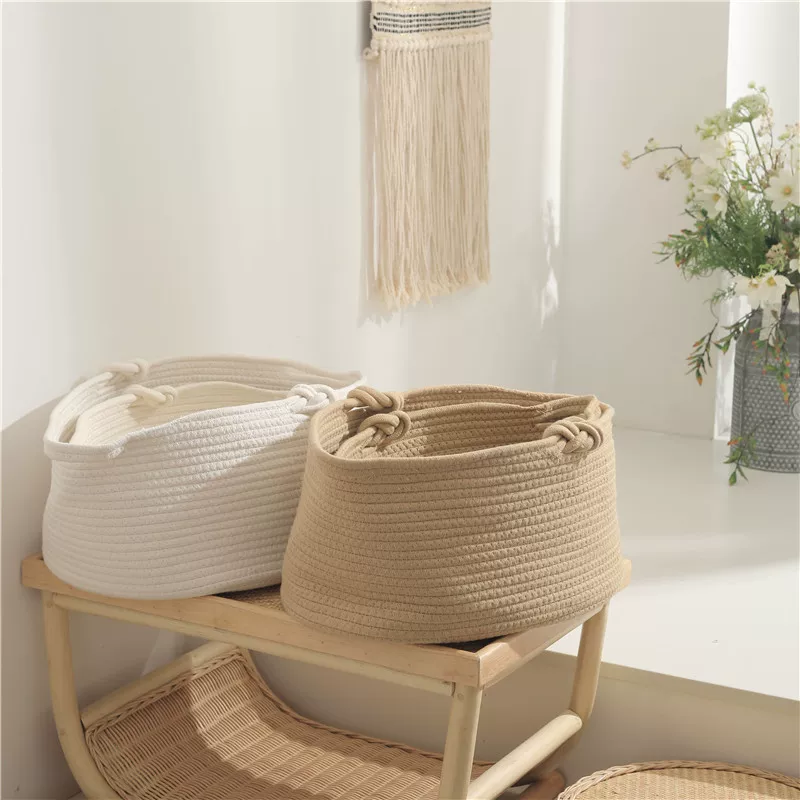 Плетёные хлопковые корзины Handwoven Cotton Rope Storage Baskets - белые/коричневые, наборы маленькие и большие для игрушек, одежды, закусок