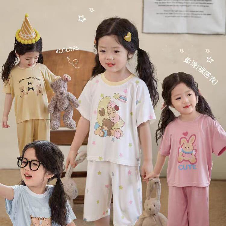 クールな夏のベビー軽量パジャマベビーモーダル漫画ホーム服セット半袖女の子|undefined