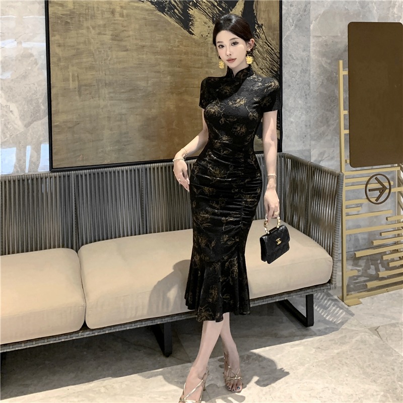 2025年新款名媛新中式显瘦提花烫金复古鱼尾包臀性感连衣裙旗袍裙