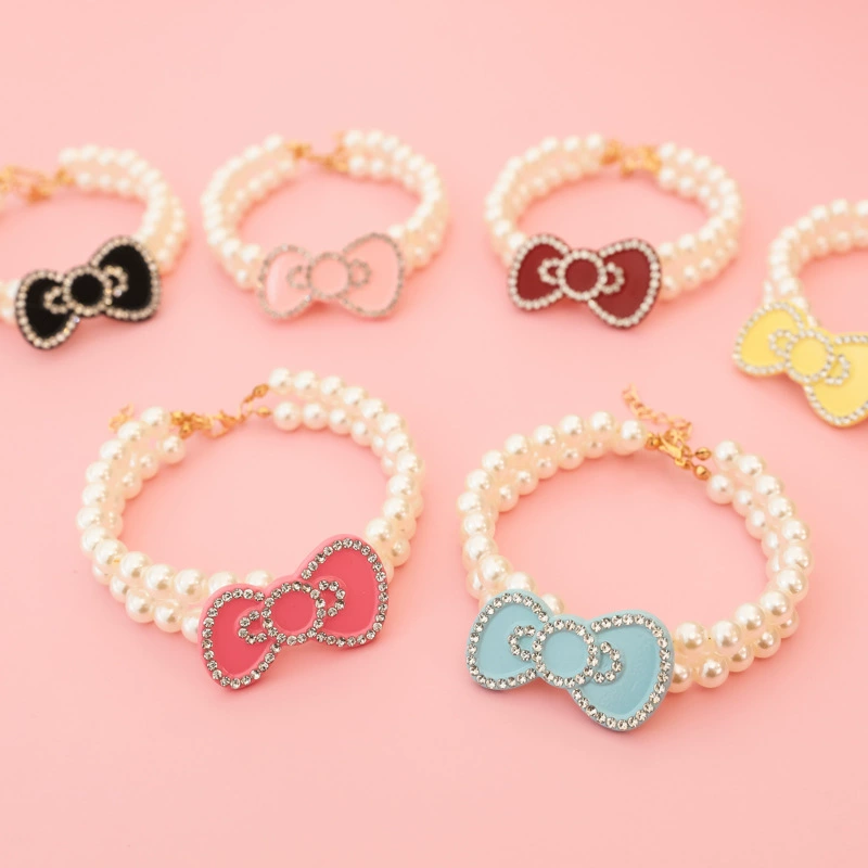 Жемчужное ожерелье для домашних животных, ошейник для котенка и собаки, мультяшный бант со сверкающими бриллиантами, милое украшение, бесшумное и высококачественное.
