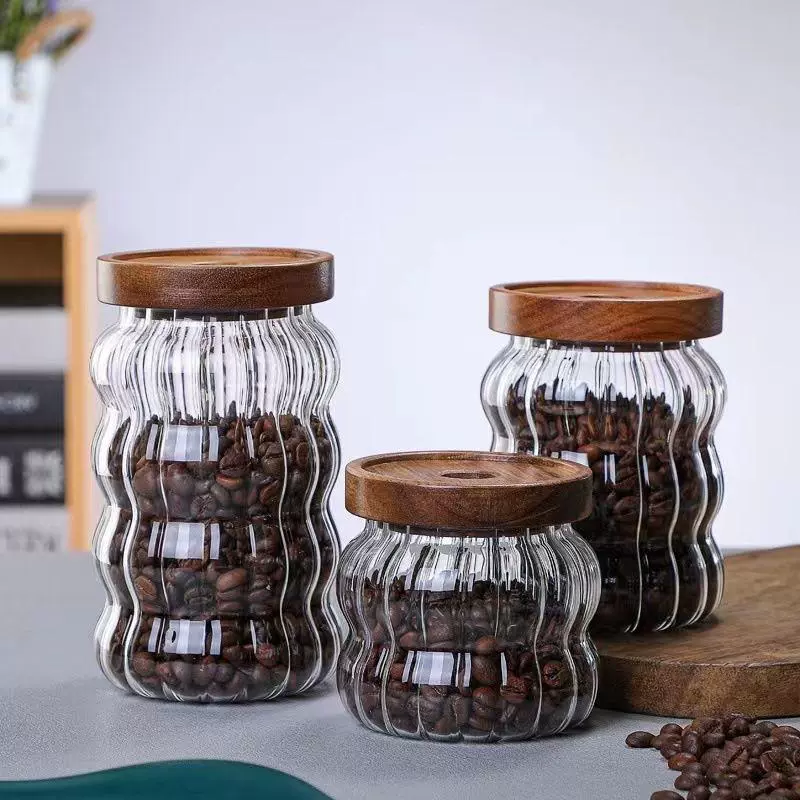 Ст striped glass sealing tank acacia wooden lid storage tank transparent storage storage tank coffee bean tea sealed can