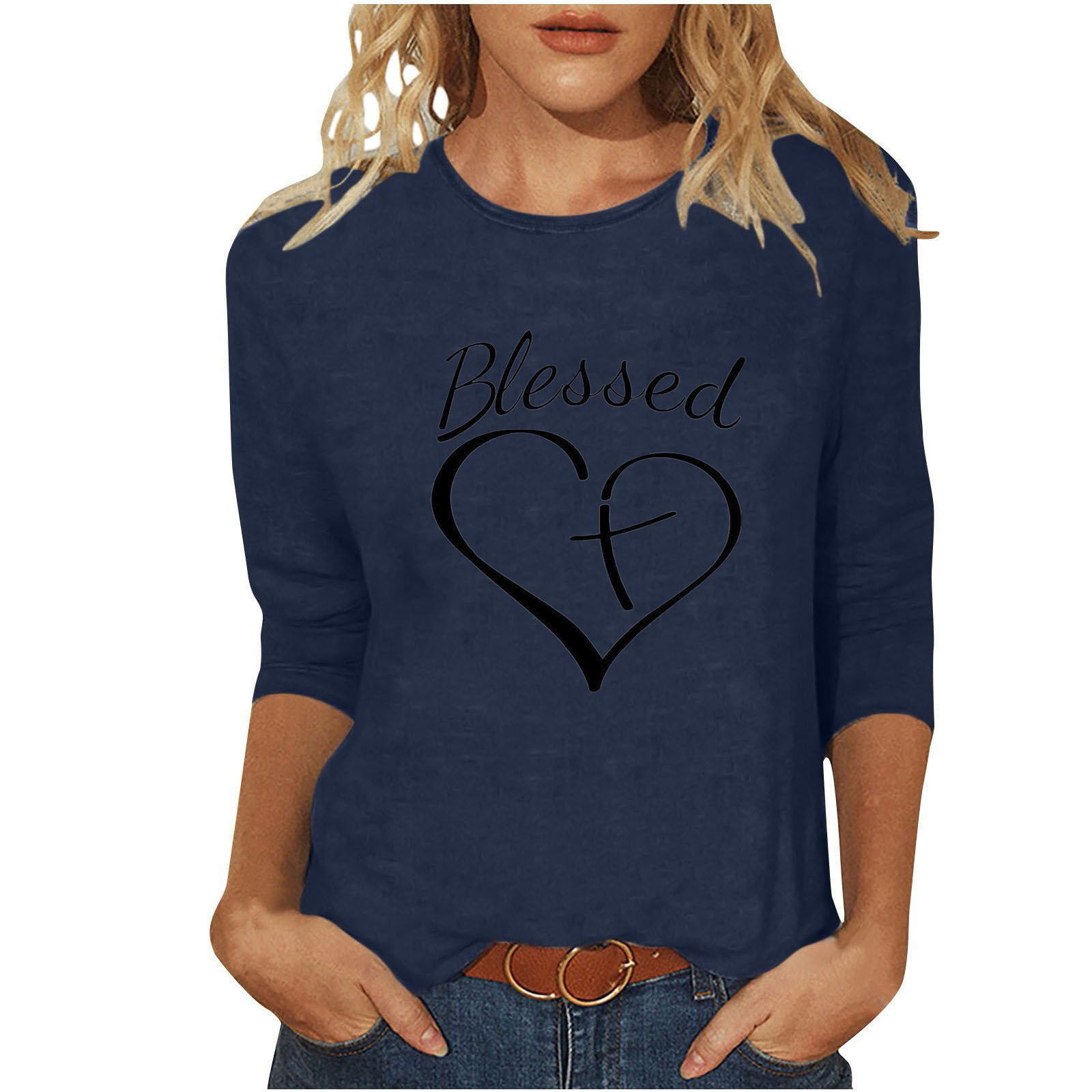 Women's T-shirt 3/4 Length Sleeve T-shirts Casual Basic Letter Heart Shape display picture 5