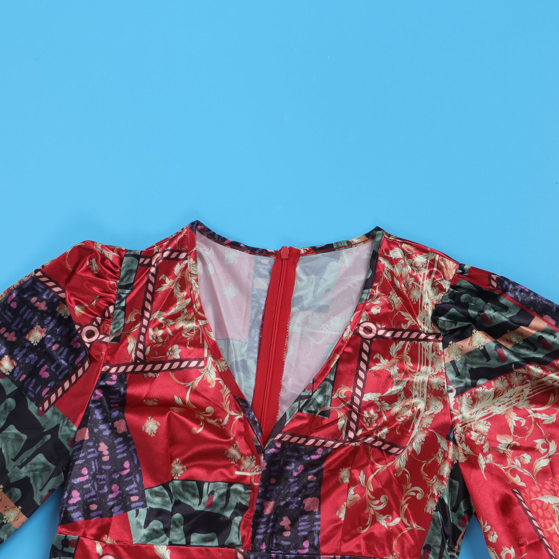 Women's Clothing Sexy Printed Ruffled Lantern Sleeve Hip Hugging Slim Fit Long Sleeve Dress_voghion.com