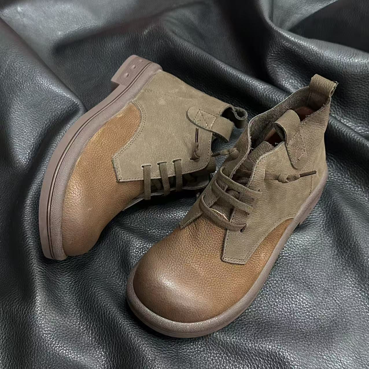 ShoeVault First Layer Rindsleder Martin Retro Casual Kurze Slip-On Stiefel aus echtem Leder und Baumwoll-Leinen für Damen, Herbstneuheit_voghion.com