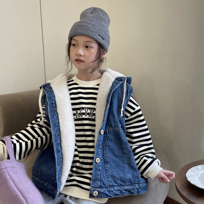 2022冬季童裝新款 加厚羊羔毛水洗藍色牛仔連帽馬甲男童女童中童