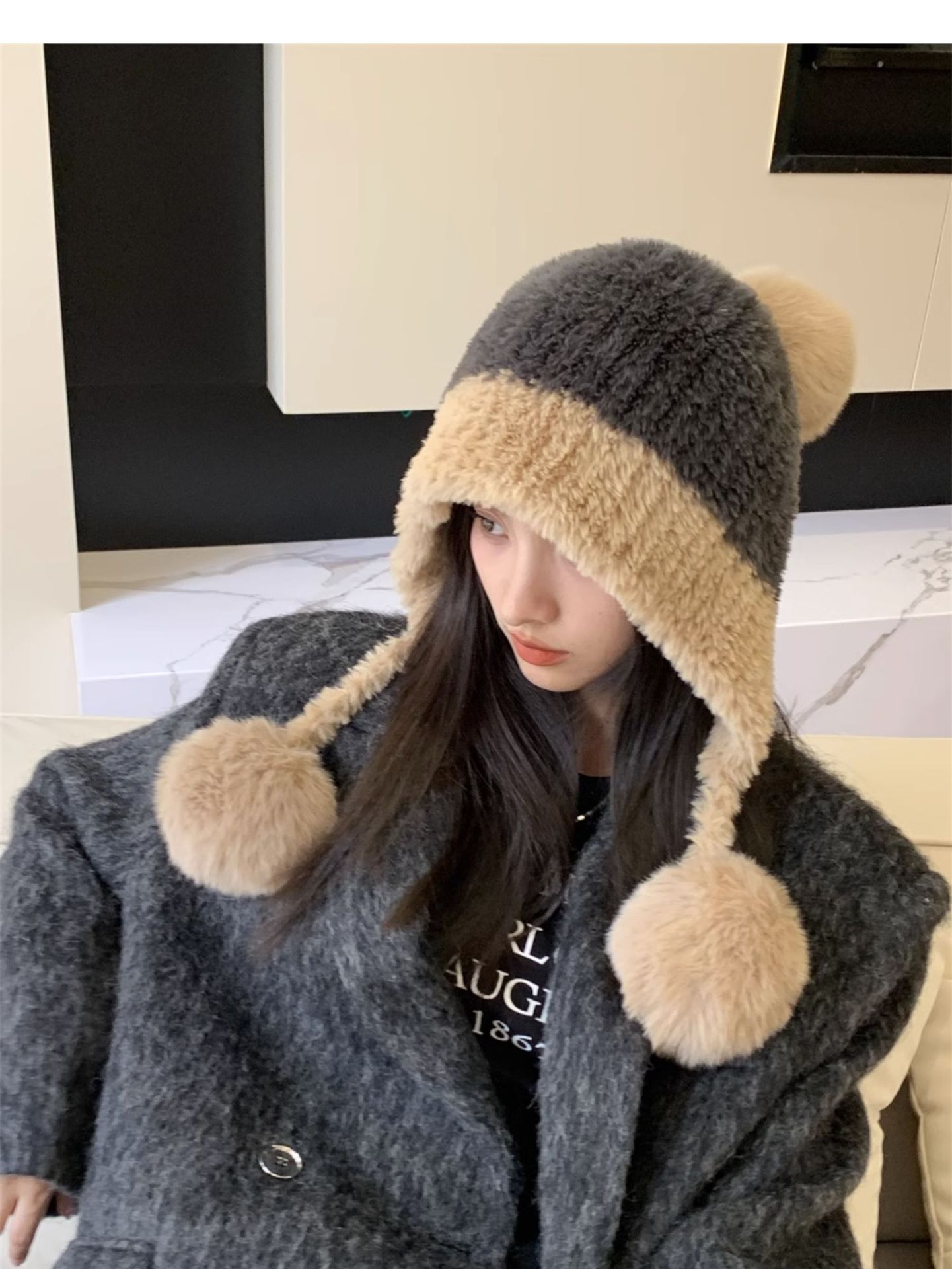 Peluche Lei Feng pour enfants, nouveau style automne-hiver, avec boule de fil suspendue épaissie en peluche ajoutée pour plus de chaleur et d'oreille_voghion.com