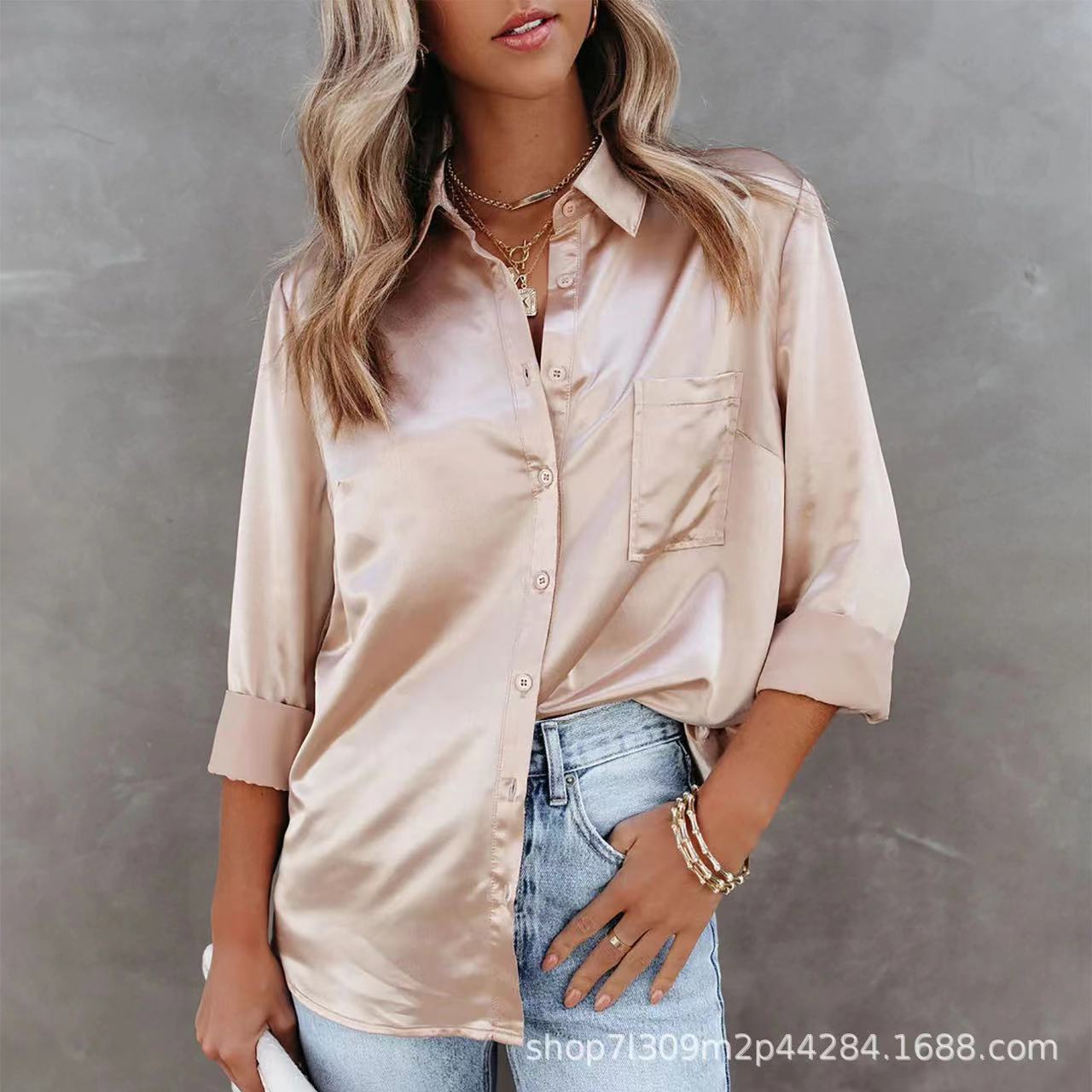 Camisa de Manga Larga con Solapa, Color Sólido, Elegante, para Primavera/Verano 2026, Estilo Europeo y Americano, Cardigan de Satén