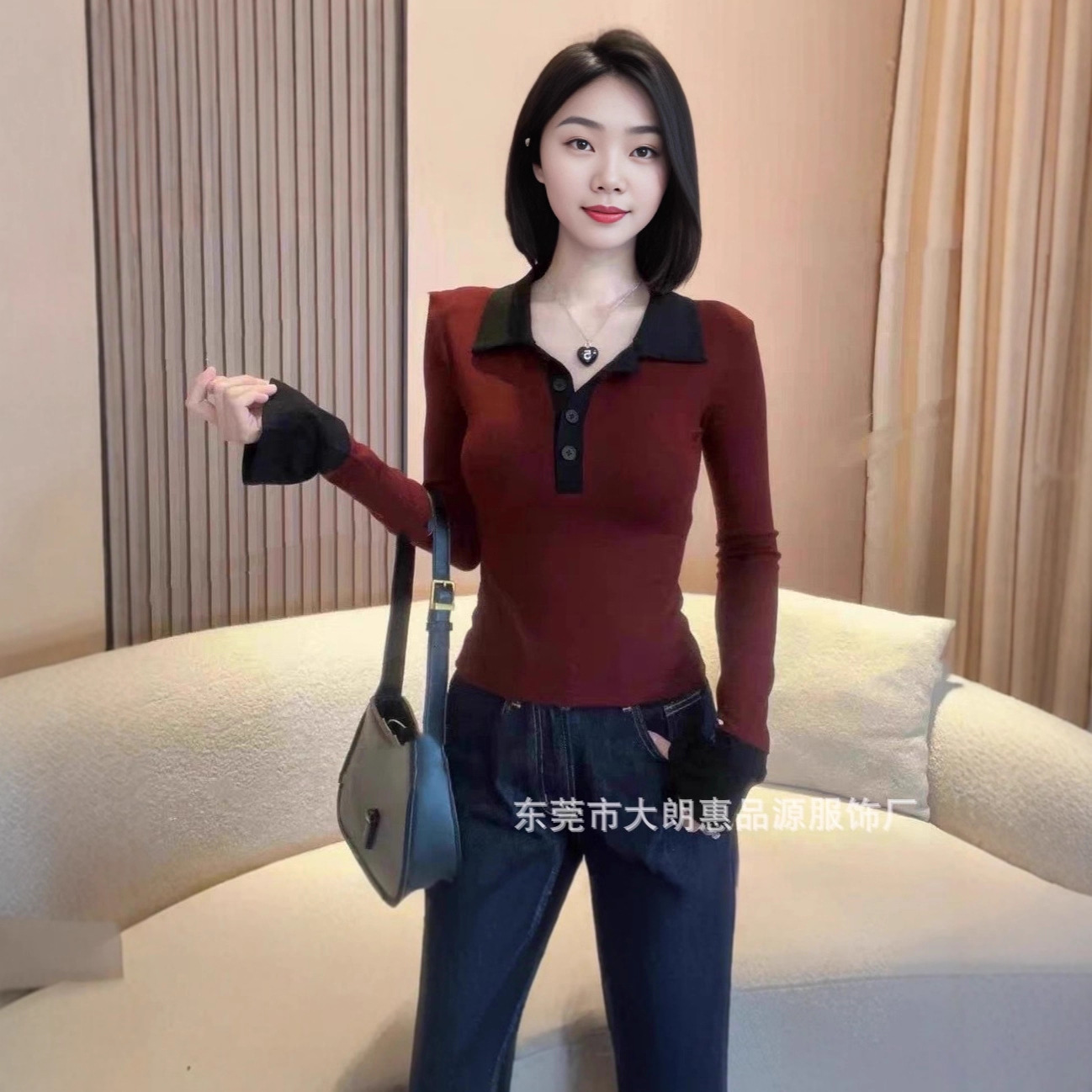 2025秋冬新款显瘦撞色拼接假两件POLO领长袖针织衫女修身打底衫上
