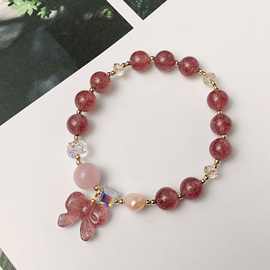 甜美可爱简约草莓晶手链单圈奥地利水晶蝴蝶结天然淡水珍珠粉晶