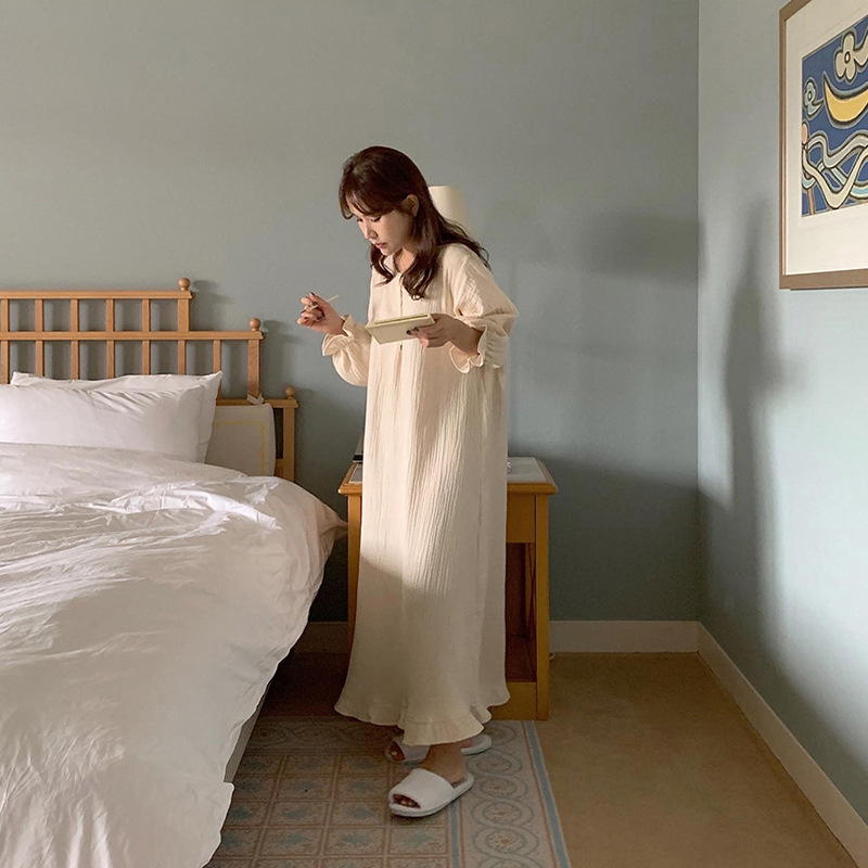 Coreano ins algodón de doble capa de gasa Camisón con volantes diseño largo vestido pijamas homewear de las mujeres