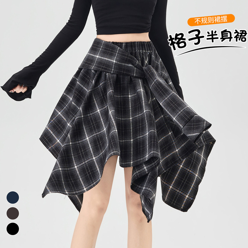 实拍 复古绑带不规则格子半身裙女2025秋季高腰显瘦休闲a字短裙|undefined