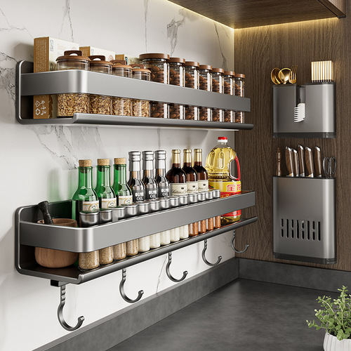 Kitchen wall-mounted shelf and spice rack, hole-free hanging, wall-mounted multi-functional household thick and wide storage rack