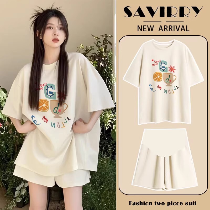 Maternity Outfit Stylish Trendy Top Summer Outerwear Petite Loose T-Shirt Short-Sleeve Shorts Two-Piece Set for Pregnancy