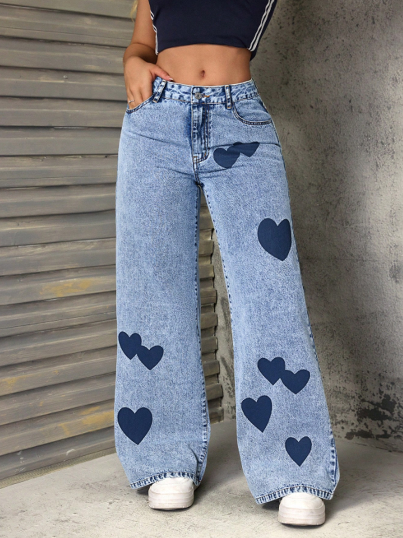 Women's Clothing Retro Women's Denim Trousers Heart Print Loose Fit European American Style For Formal & Casual_ecoleips.com