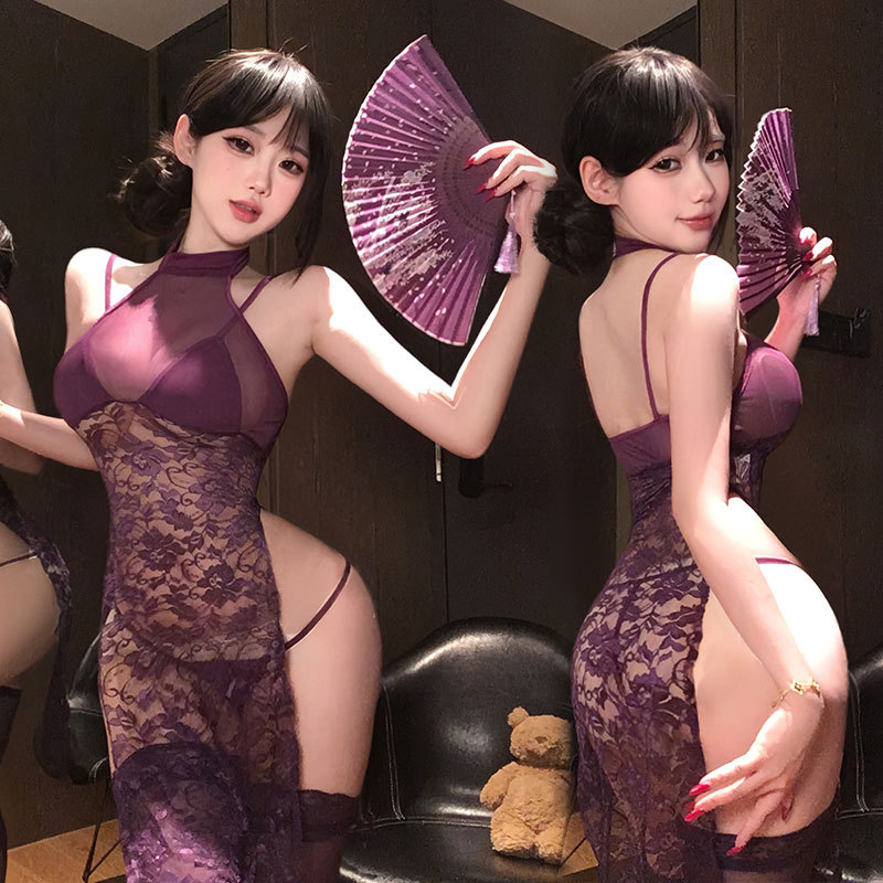 Sexy Lingerie Lace Cheongsam High-Slit Suspender Dress Sexy See-Through Nightgown Revealing Chest Temptation Uniform Set 1348 Sexy Lingerie Lace Cheongsam High-Slit Suspender Dress Sexy See-Through Nightgown Revealing Chest Temptation Uniform Set 1348