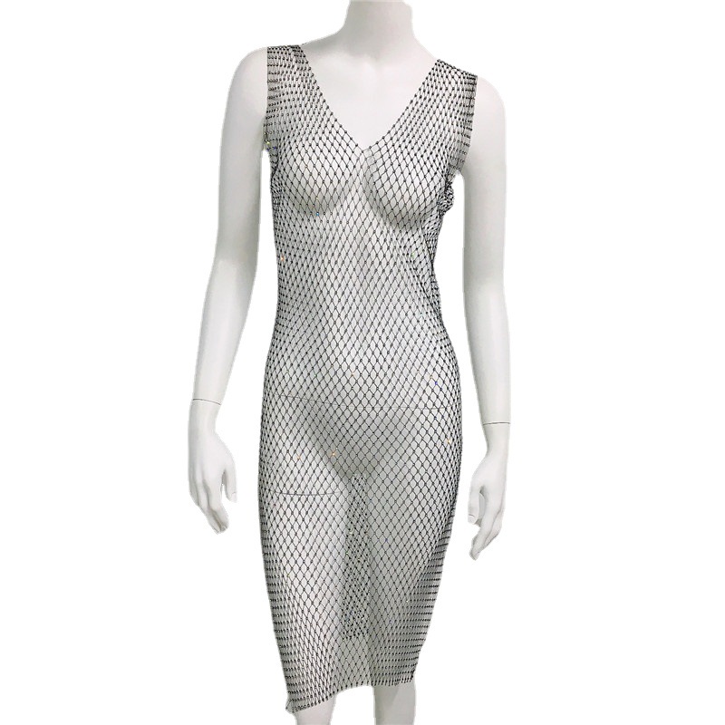 Quick connect Amazon summer hot women's flash diamond mesh fishing net V-neck dress sexy bikini blouse