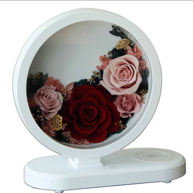 Lámpara de mesa con rosa de San Valentín, adorno de flores secas para novia, regalo de boda, cubierta de cristal, flor eterna, celebración de bodas